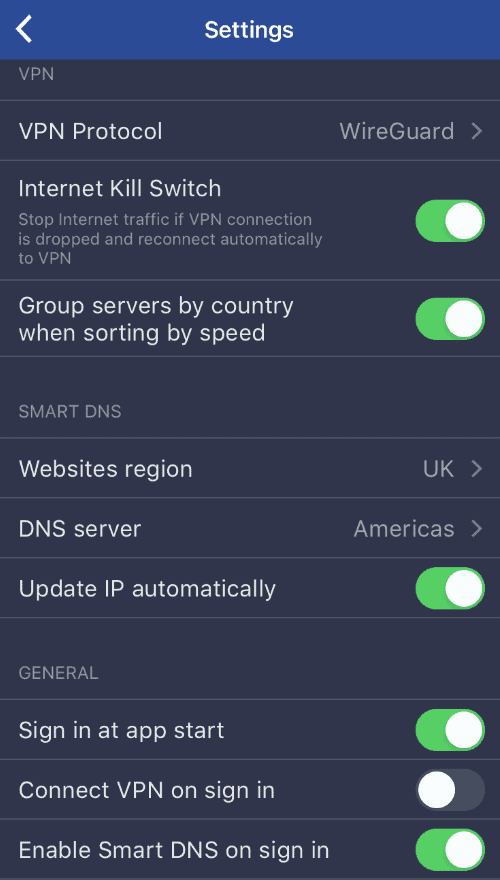 CactusVPN mobile settings