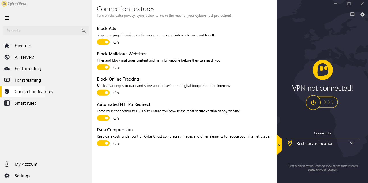 CyberGhost VPN connection features