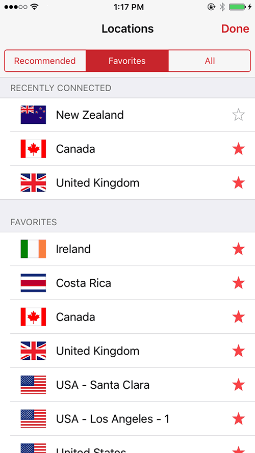 The different locations of ExpressVPN displayed by the app