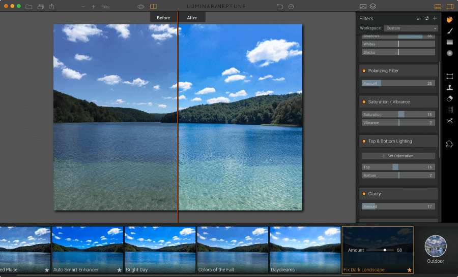 Filters for dark landscape in Luminar