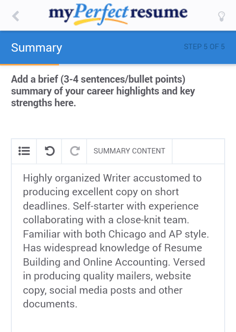 Resume editing in My Perfect Resume's mobile version