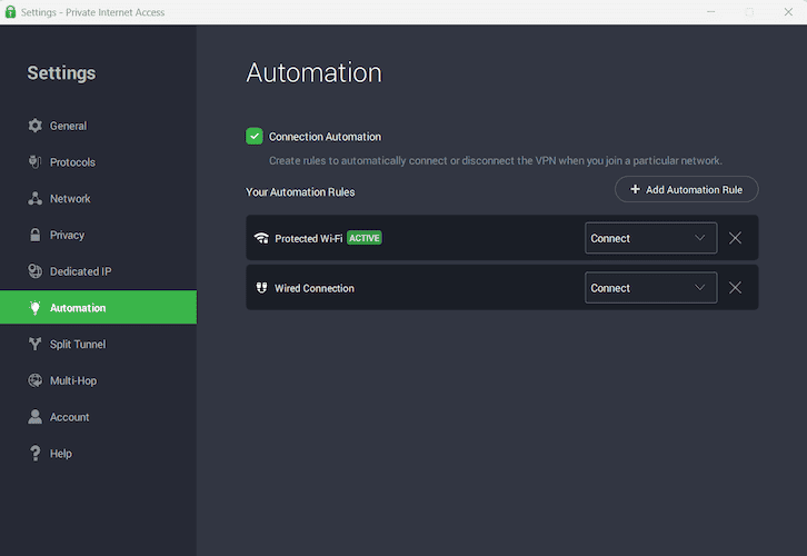 Private Internet Access automation rules