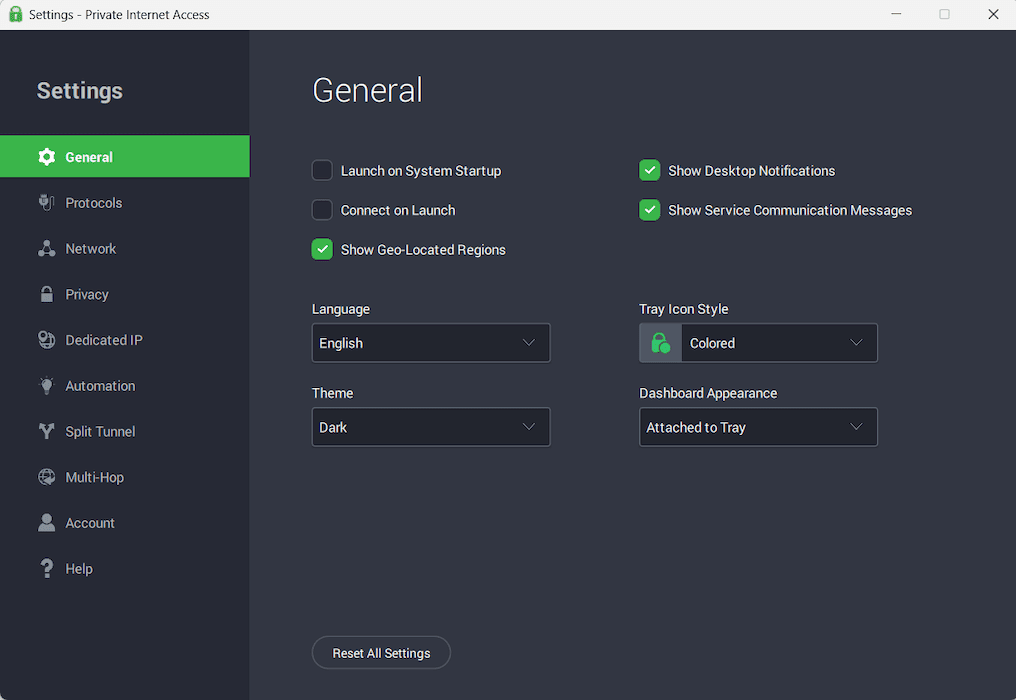 Private Internet Access settings customization options