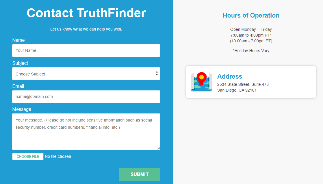 TruthFinder contact page