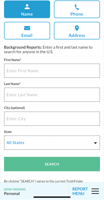 TruthFinder search box on mobile