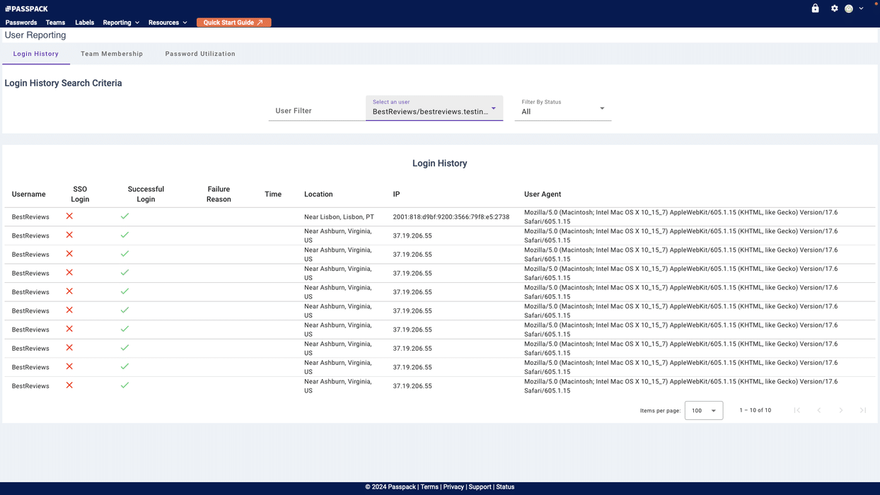 Passpack login history report