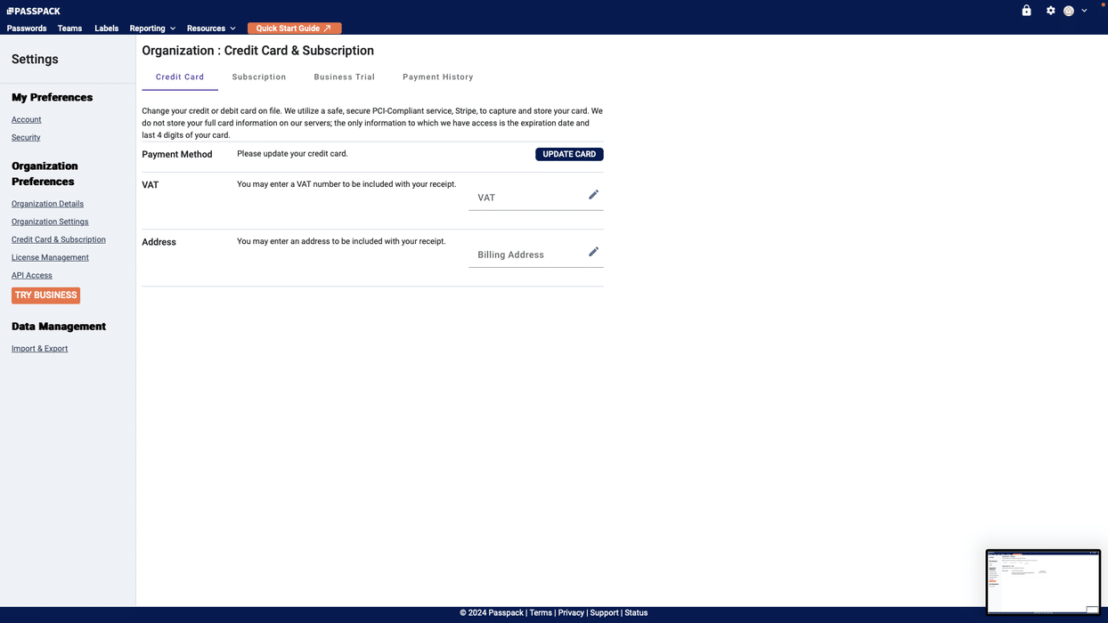 Passpack payment settings