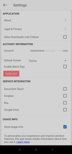 Adobe Acrobat Sign Mobile App Settings