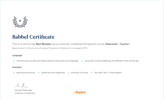 Babbel certificate