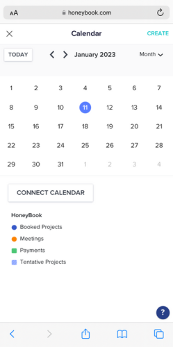 HoneyBook Mobile Browser Calendar
