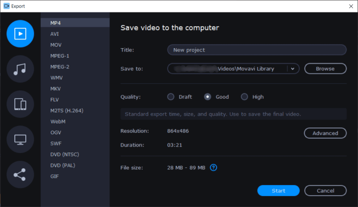 Movavi Video Editor Export Options