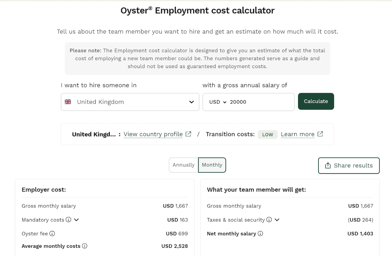 Oyster Employment Cost Calculator