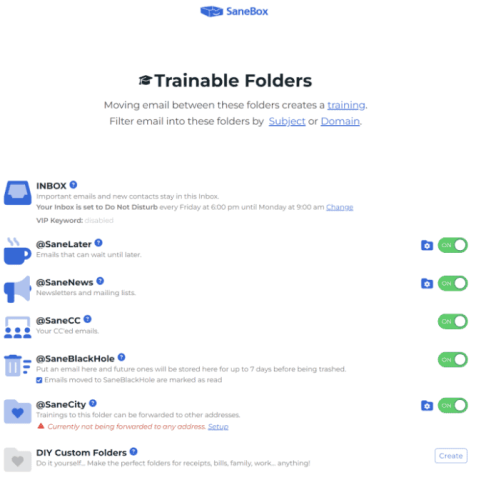 SaneBox Trainable Folders